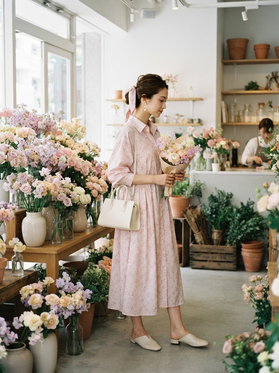 SKIPIKS AIファッション写真 — feminine, romantic — ピンクの花柄のロングドレスがロマンチックな雰囲気を演出します。ヘアに合わせたリボンアクセサリーが愛らしいポイントで、アイボリーのハンドバッグとフラットシューズで
