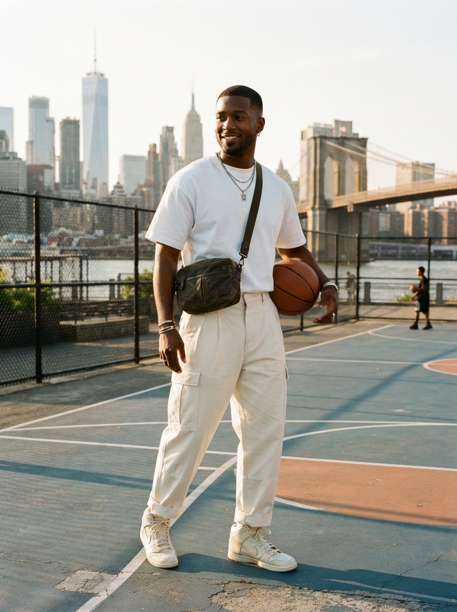 SKIPIKS AI 패션 화보 — streetwear, casual, sporty — 이 룩은 도시의 스트릿 무드를 캐주얼하게 표현하고 있어요. 흰색 티셔츠와 크림색 카고 팬츠의 조합이 깔끔하면서도 여유로워 보입니다. 크로스백과 