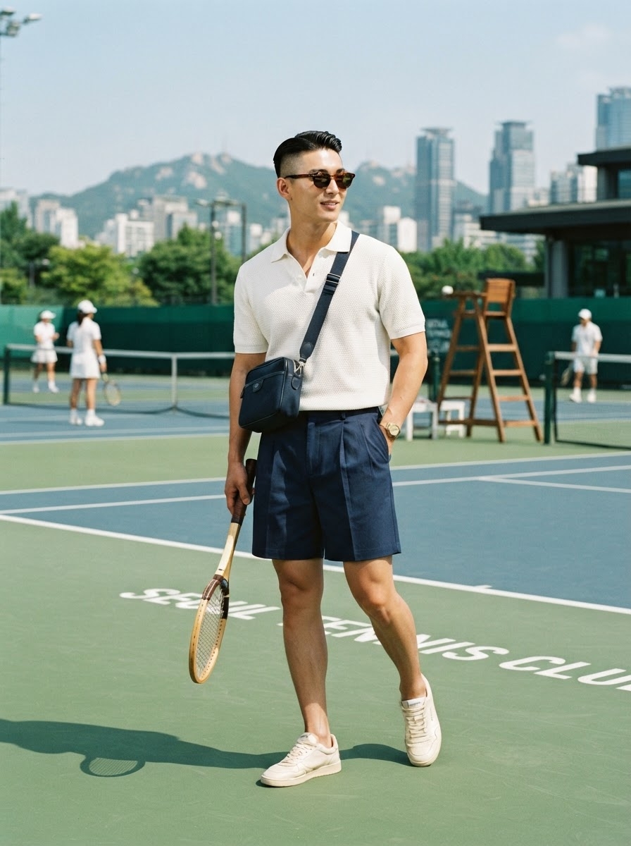 SKIPIKS AI fashion editorial — preppy, sporty, classic — A crisp white polo shirt paired with navy shorts evokes a sophisticated tennis c