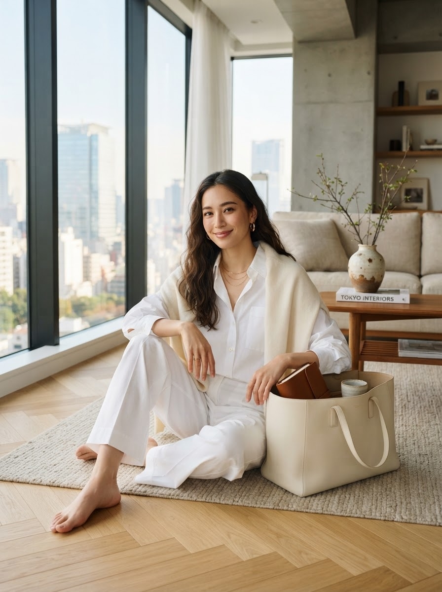 SKIPIKS AI fashion editorial — minimalist, chic — A white shirt and pants create a clean and sophisticated look. Pairing it with a