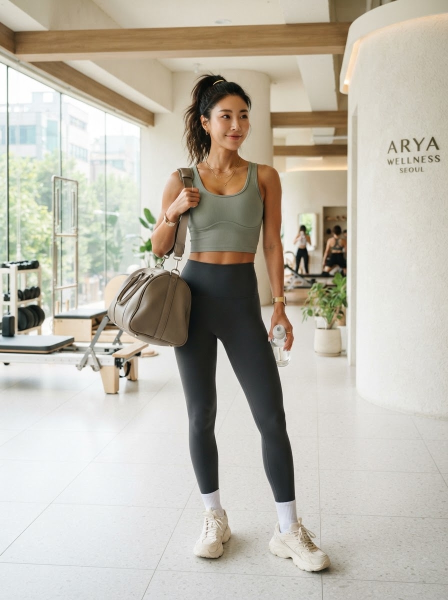 SKIPIKS AI时尚大片 — athleisure, minimalist — 时尚的运动休闲装突显出运动氛围。卡其色短款上衣与黑色紧身裤的干净组合令人印象深刻，搭配米色双肩包完成造型。这套搭配不仅适合运动，也能在日常生活中优雅展现。