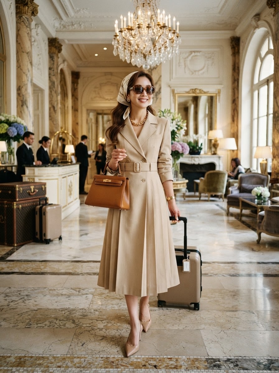 SKIPIKS AI时尚大片 — classic, elegant, feminine — 这款米色长风衣散发出优雅的奢华感。搭配金色配饰和围巾，增添时尚亮点。这个适合秋季的风格在高档酒店休息室或重要会议上能留下深刻印象。