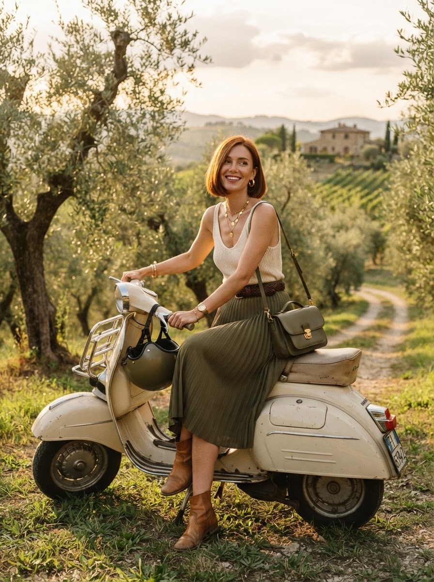 SKIPIKS AI fashion editorial — feminine, vintage — The combination of an ivory knit and a khaki pleated skirt emphasizes comfort in