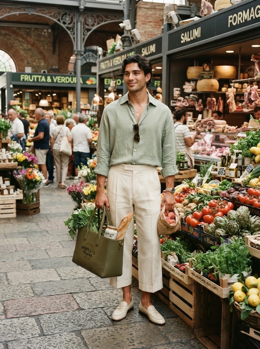 SKIPIKS AI fashion editorial — minimalist, casual, urban — The light green linen shirt paired with cream cotton pants creates a cool yet el