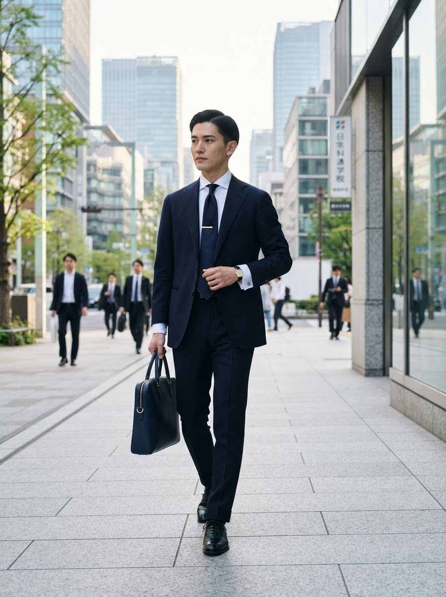 SKIPIKS AI时尚大片 — formal, professional — 穿上奢华的海军蓝西装，营造出时尚而优雅的氛围。搭配白衬衫和简洁的领带，增添经典的点缀。非常适合办公室或商务会议的风格。