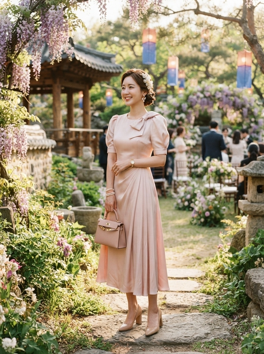 SKIPIKS AI fashion editorial — feminine, elegant — A soft pink dress accentuates an elegant silhouette, completing a feminine mood.