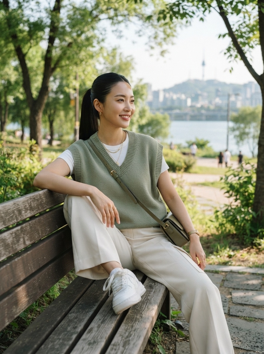 SKIPIKS AI fashion editorial — casual, minimalist — The combination of an olive green knit vest and a white short-sleeve T-shirt cre