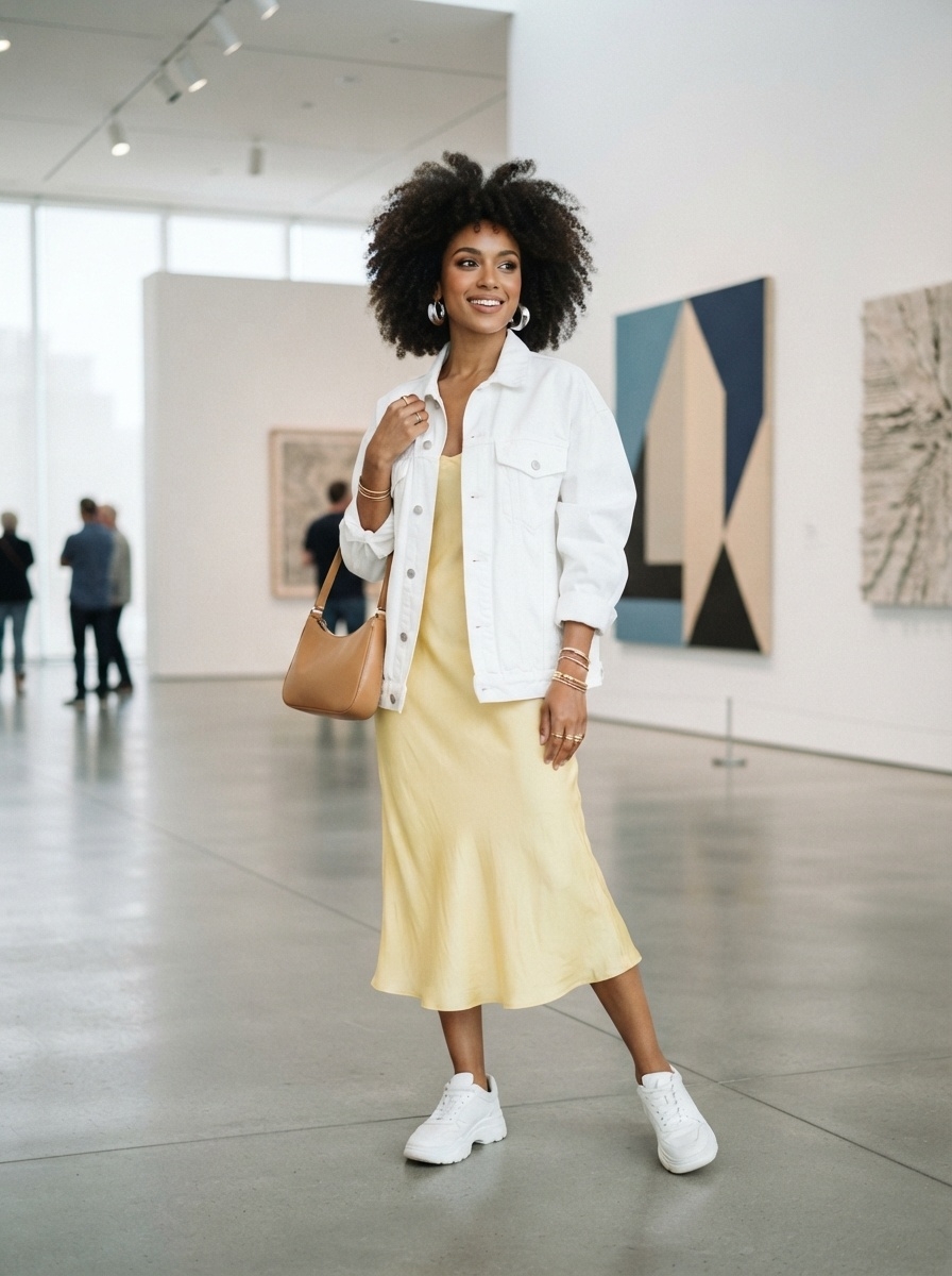 SKIPIKS AI fashion editorial — feminine, casual — The combination of a yellow midi dress and a white denim jacket creates a bright
