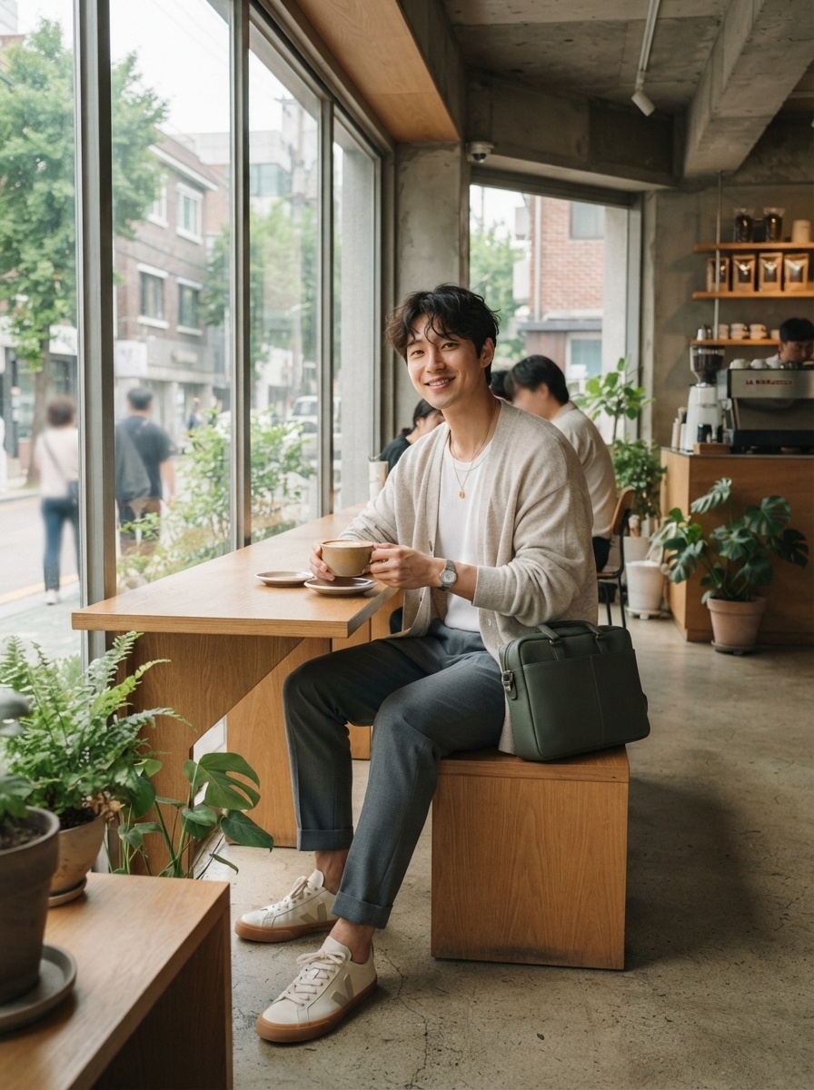 SKIPIKS AIファッション写真 — smartcasual, minimalist — ベージュのカーディガンと白いTシャツのレイヤリングは、快適さと洗練されたスタイルを見せています。グレーのスラックスとベージュのスニーカーを合わせて、ミニマリスト
