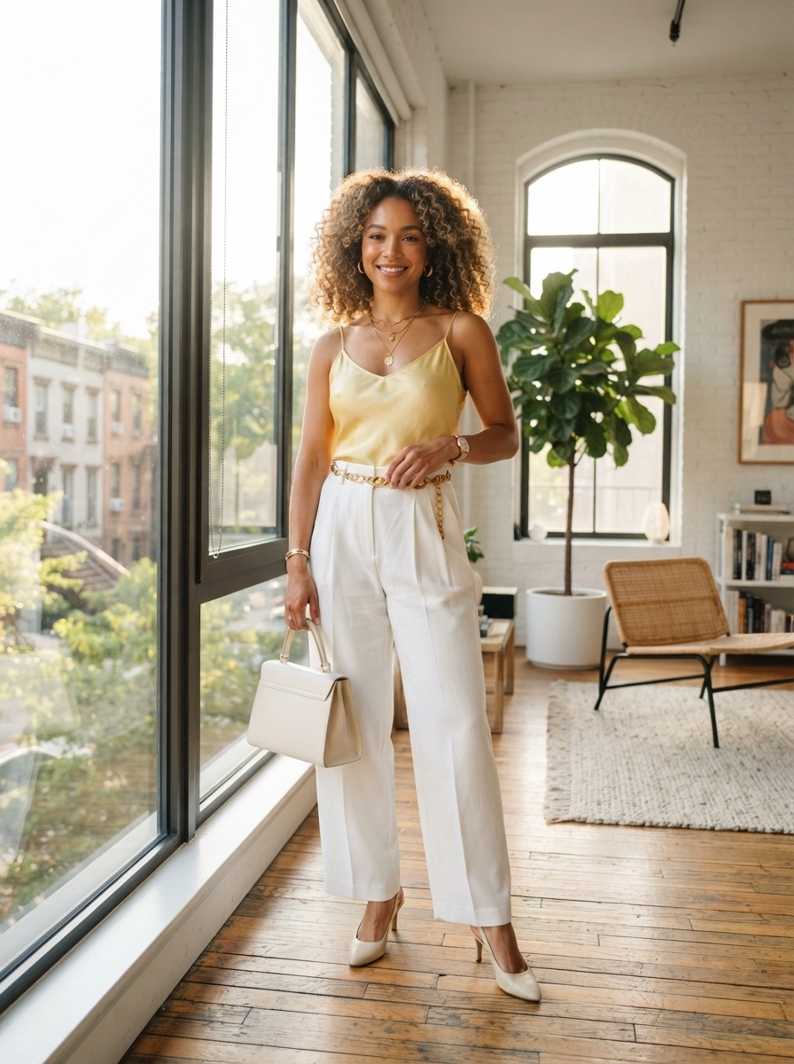 SKIPIKS AI fashion editorial — minimalist, chic — The combination of a yellow slip top and white wide pants completes the coolness