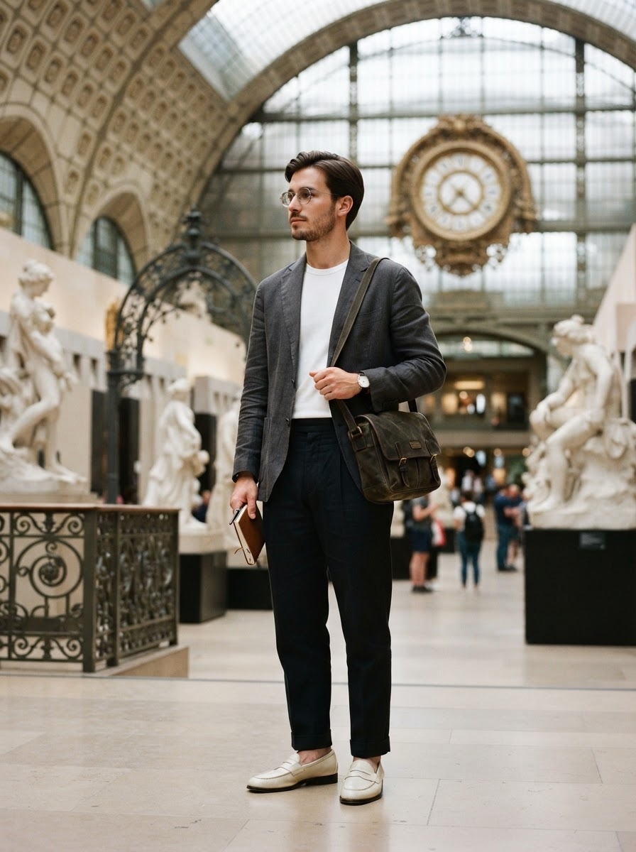 SKIPIKS AI fashion editorial — minimalist, modern, smartcasual — The gray blazer and white t-shirt create a harmonious, clean look. Add beige loa
