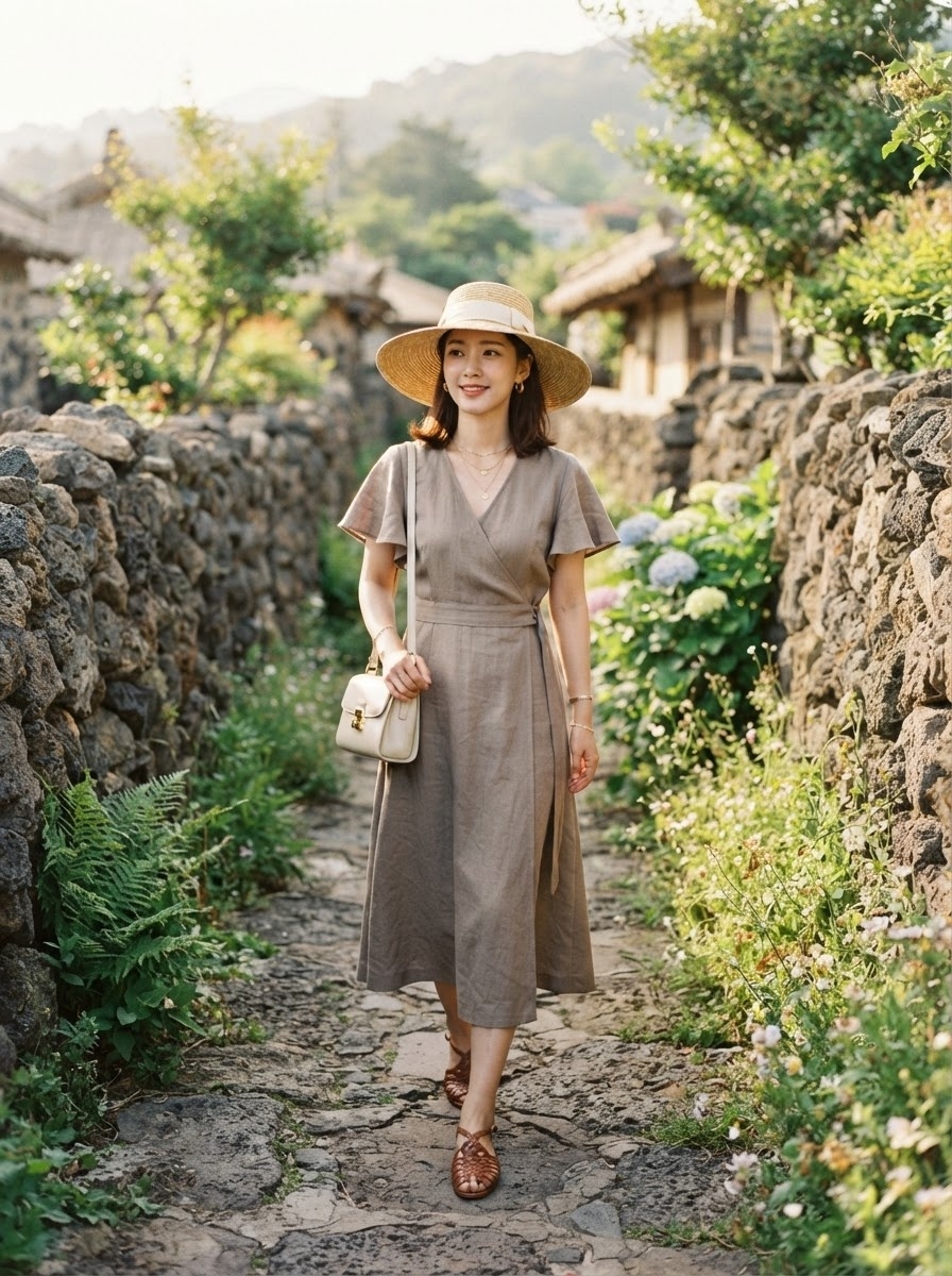 SKIPIKS AI fashion editorial — casual, feminine, bohemian — Stand out in nature with a khaki linen dress look that exudes a cool yet elegant