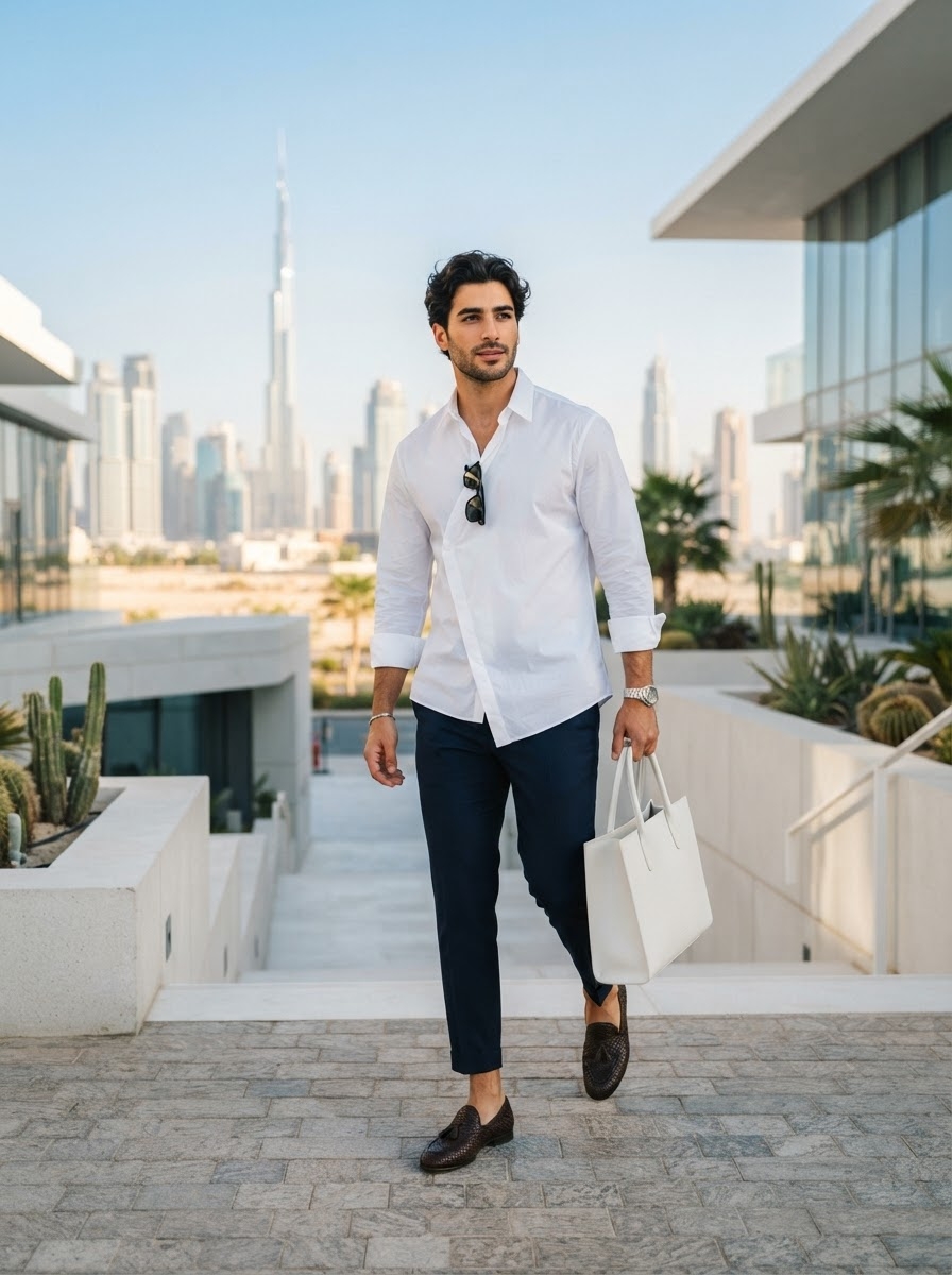 SKIPIKS AI fashion editorial — minimalist, smart_casual — The combination of navy slacks and a white shirt offers a clean yet sophisticate