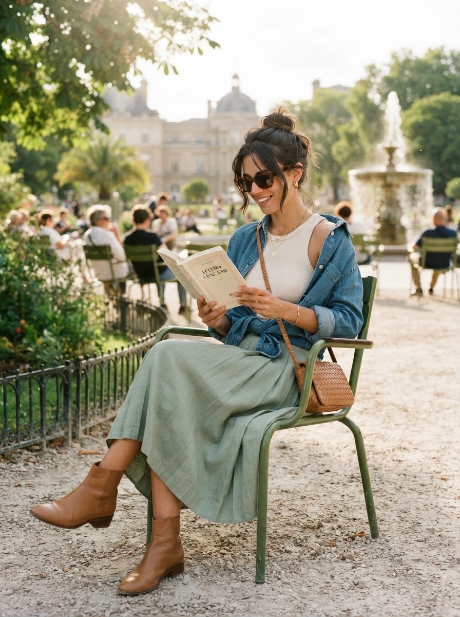 SKIPIKS AIファッション写真 — casual, feminine, bohemian — このルックは、柔らかなカジュアルムードを感じさせる適切なレイヤリングです。デニムシャツとロングスカートの組み合わせがリラックスした雰囲気を醸し出し、アンクルブー