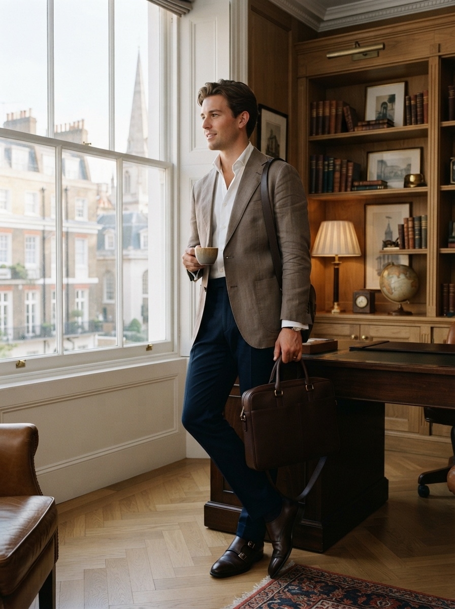 SKIPIKS AIファッション写真 — classic, smart_casual, dandy — ブラウンのブレザーとホワイトシャツでクラシックで洗練されたムードを演出しましょう。ネイビーのスラックスとダークブラウンのモンクストラップシューズがきれいな仕上が