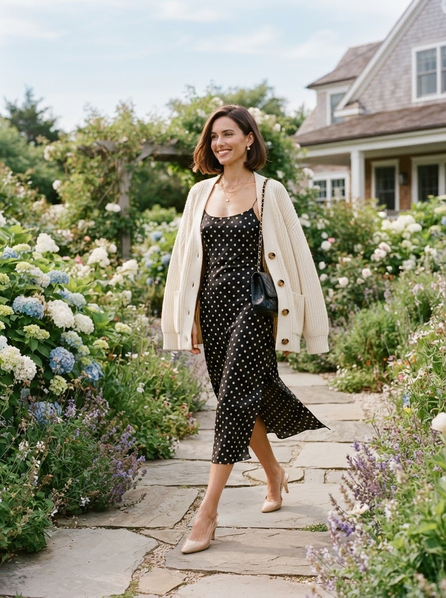 SKIPIKS AI fashion editorial — feminine, elegant — This look highlights the joyful charm of a dot pattern, with an ivory cardigan a