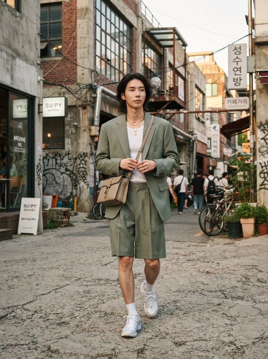 SKIPIKS AIファッション写真 — streetwear, modern — 洗練されたカーキのセットアップが目を引くルックです。軽やかなショートパンツと白いTシャツを合わせて、快適でありながらスタイリッシュに仕上げました。デイリーはもち