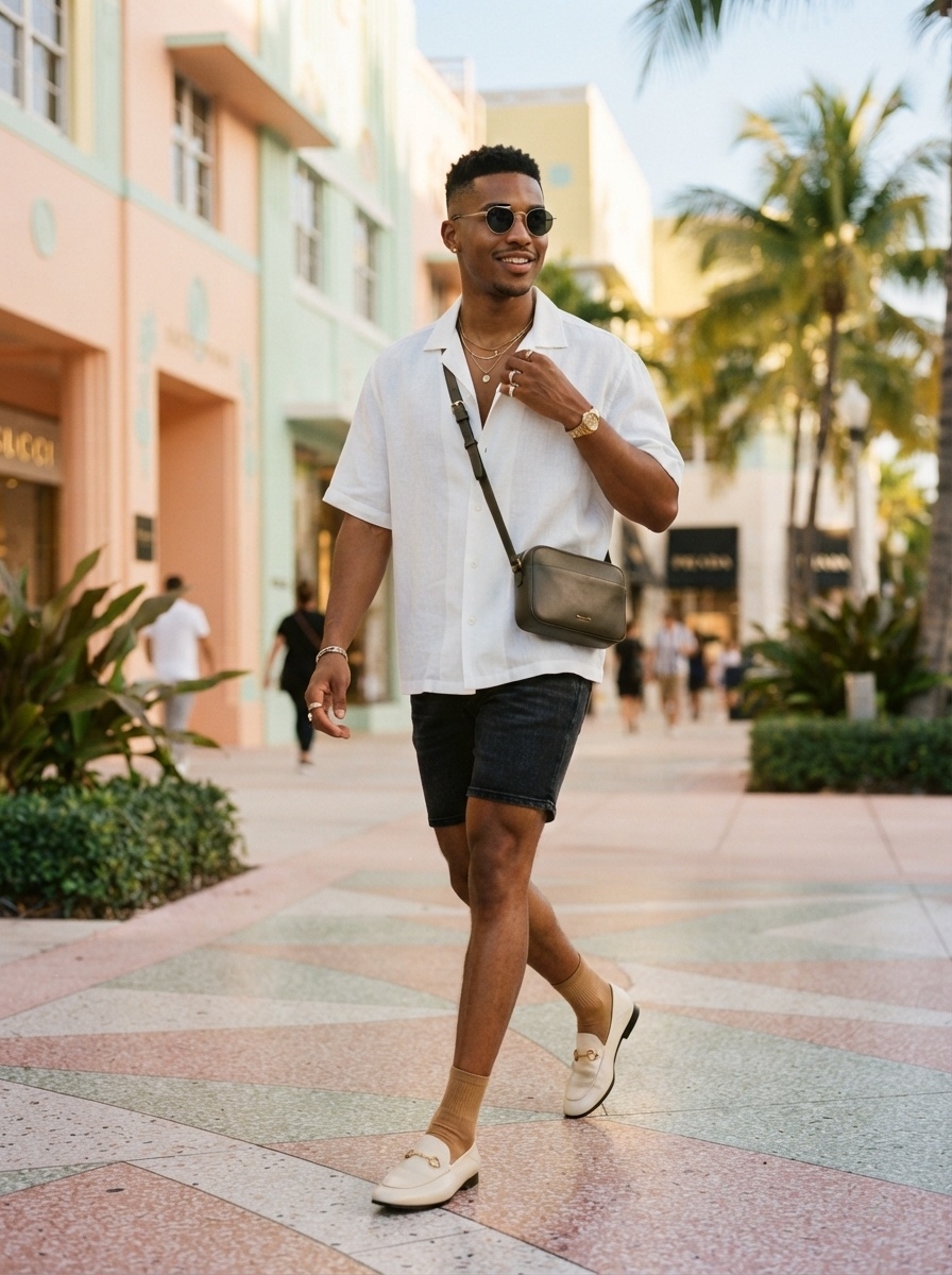 SKIPIKS AI fashion editorial — casual, summer — The casual combination of a white short-sleeve shirt and black shorts captures t
