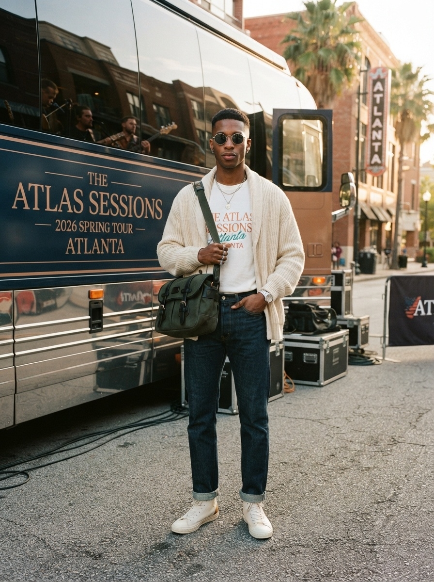 SKIPIKS AI 패션 화보 — casual, streetwear — 아이보리 니트 가디건과 프린트 티셔츠의 조화가 스타일리시하면서도 편안한 무드를 완성해 줍니다. 여기에 청바지와 하이탑 스니커즈를 매칭하여 캐주얼