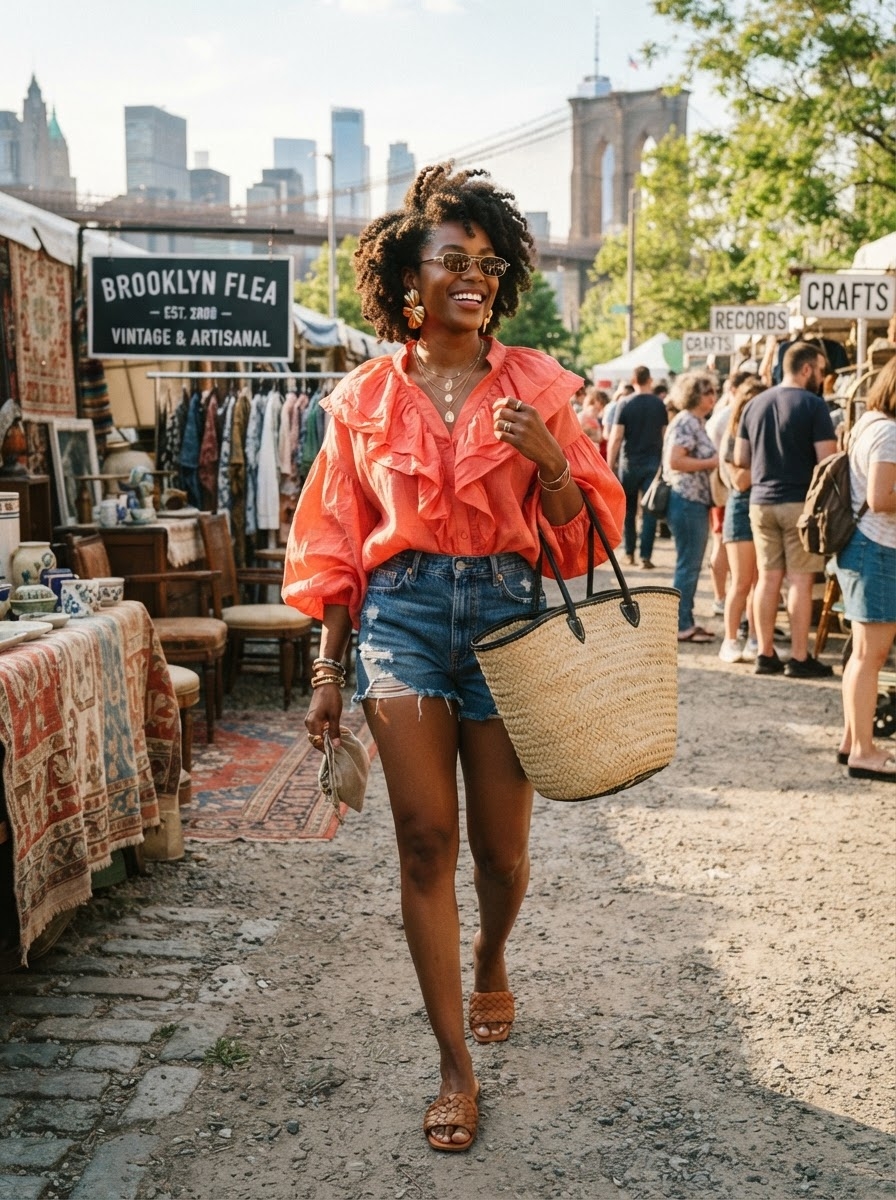 SKIPIKS AIファッション写真 — vintage, bohemian, casual — 目を引く鮮やかなオレンジのブラウスが特徴のルックです。フリルのディテールが女性らしさを強調し、デニムショートパンツとの組み合わせが軽快です。ラフィアトートバッグ