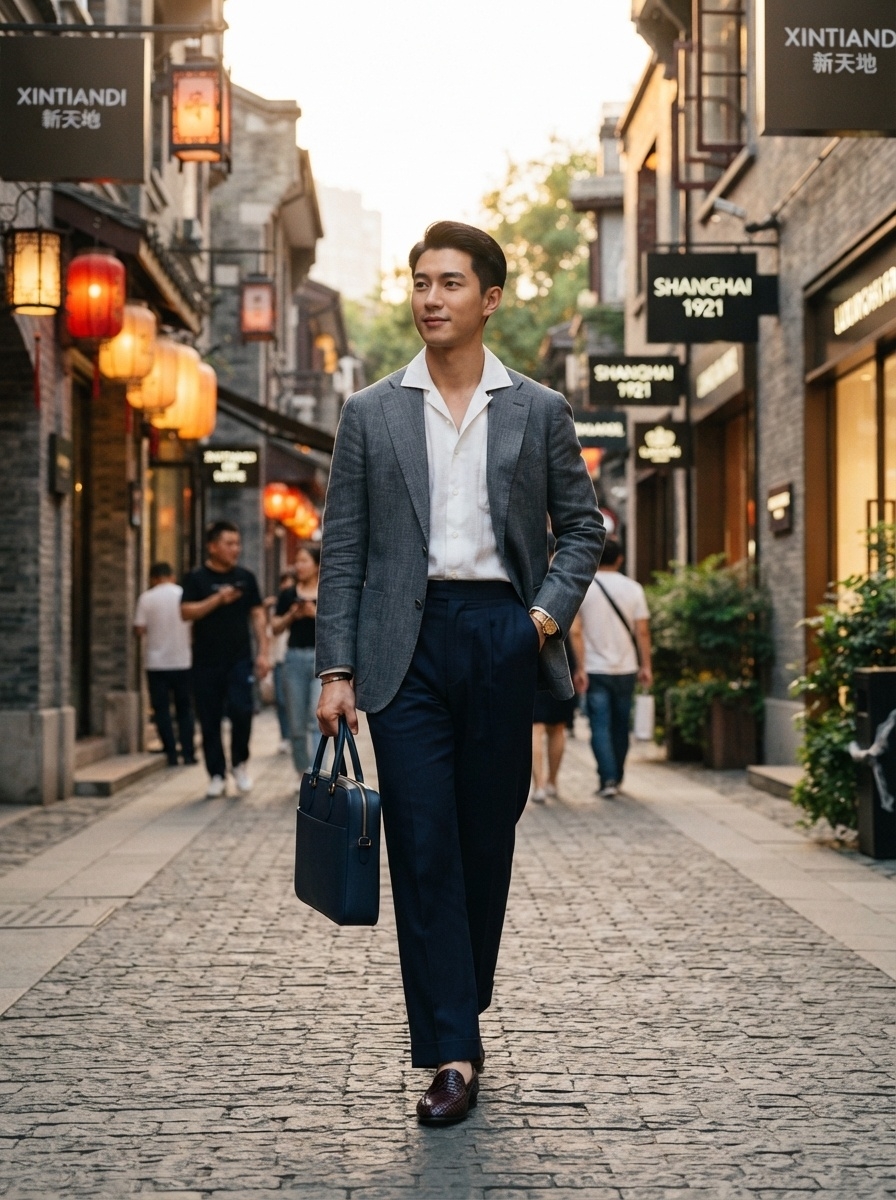 SKIPIKS AIファッション写真 — business_casual, sophisticated — 洗練されたグレーのジャケットと白いシャツの組み合わせが、クリーンでありながら高級感のある雰囲気を演出します。ネイビーパンツとブリーフケースを合わせてビジネスカジ