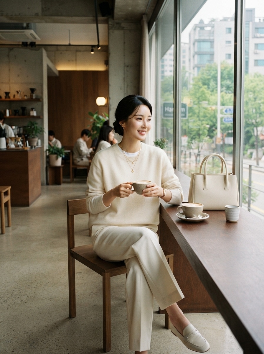 SKIPIKS AI时尚大片 — minimalist, feminine — 用柔和的奶油色营造舒适温暖的氛围。针织毛衣与修身长裤的组合既优雅又实用。搭配轻便的乐福鞋和时尚手袋，非常适合日常办公室装或周末早午餐。