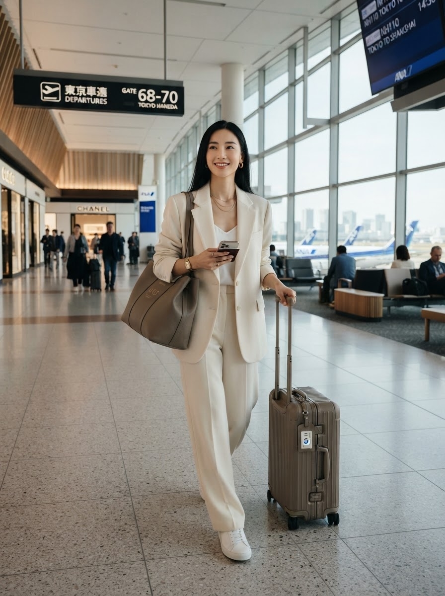 SKIPIKS AI 패션 화보 — chic, minimalist — 전체적으로 깨끗하고 세련된 화이트 수트 룩으로 모던하고 시크한 분위기를 자아내요. 골드 액세서리로 포인트를 주며, 베이지 톤의 가방과 캐리어로 