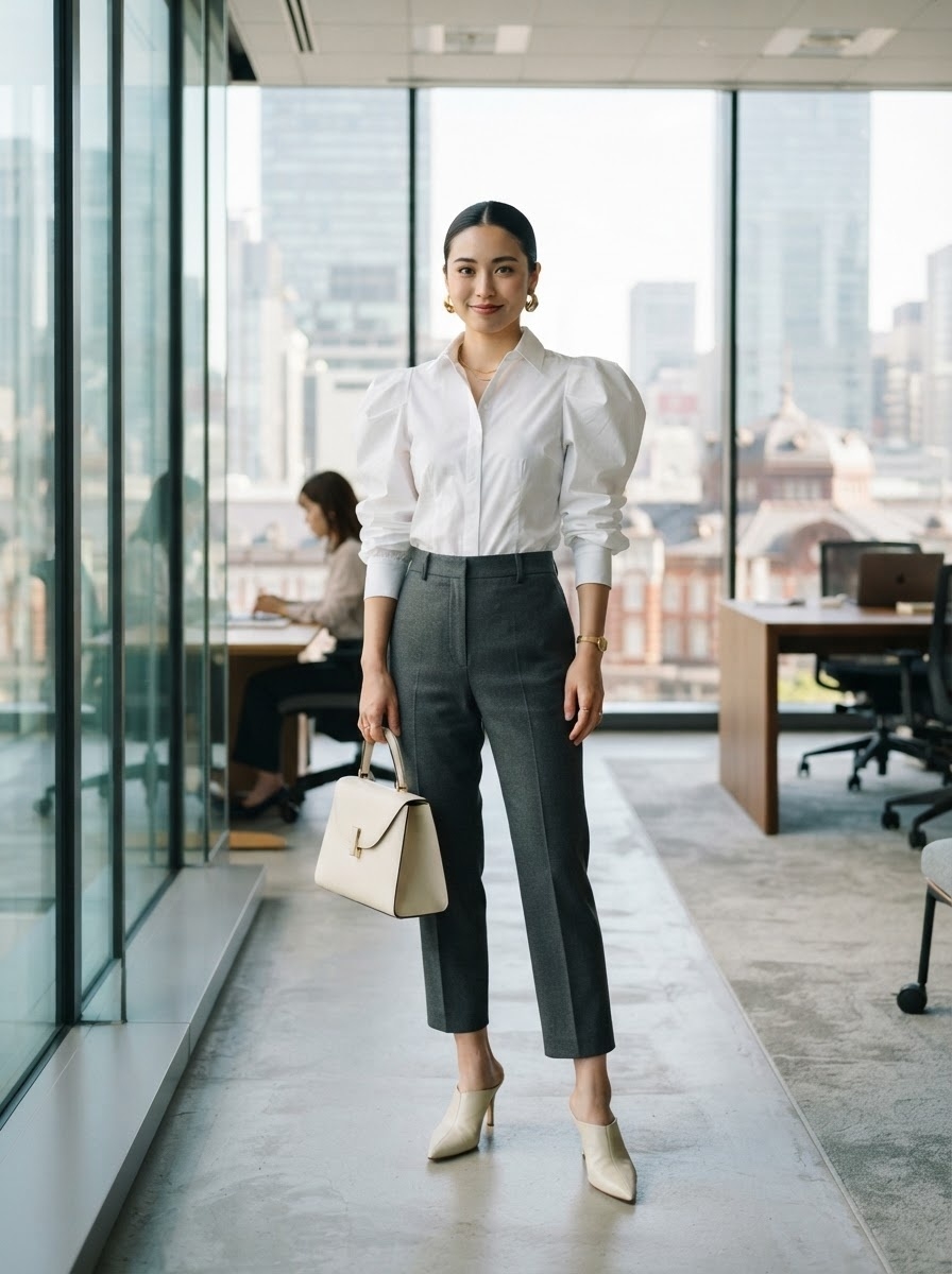 SKIPIKS AI 패션 화보 — professional, elegant — 화이트 블라우스와 그레이 슬랙스의 조합이 세련된 오피스 룩을 만들어줍니다. 블라우스의 볼륨 있는 소매가 포인트가 되어 우아함을 더해주며, 금색 