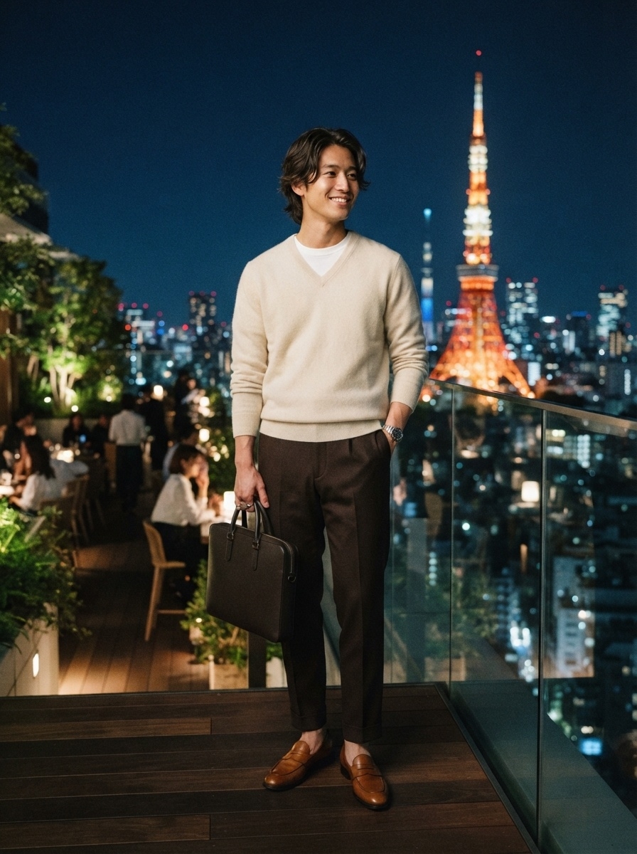 SKIPIKS AI 패션 화보 — chic, modern — 베이지 니트와 브라운 슬랙스로 부드러운 감성을 살린 도심적 남친룩을 완성했어요. 클래식한 서류가방과 로퍼로 깔끔한 마무리를 추천해요. 저녁 데이