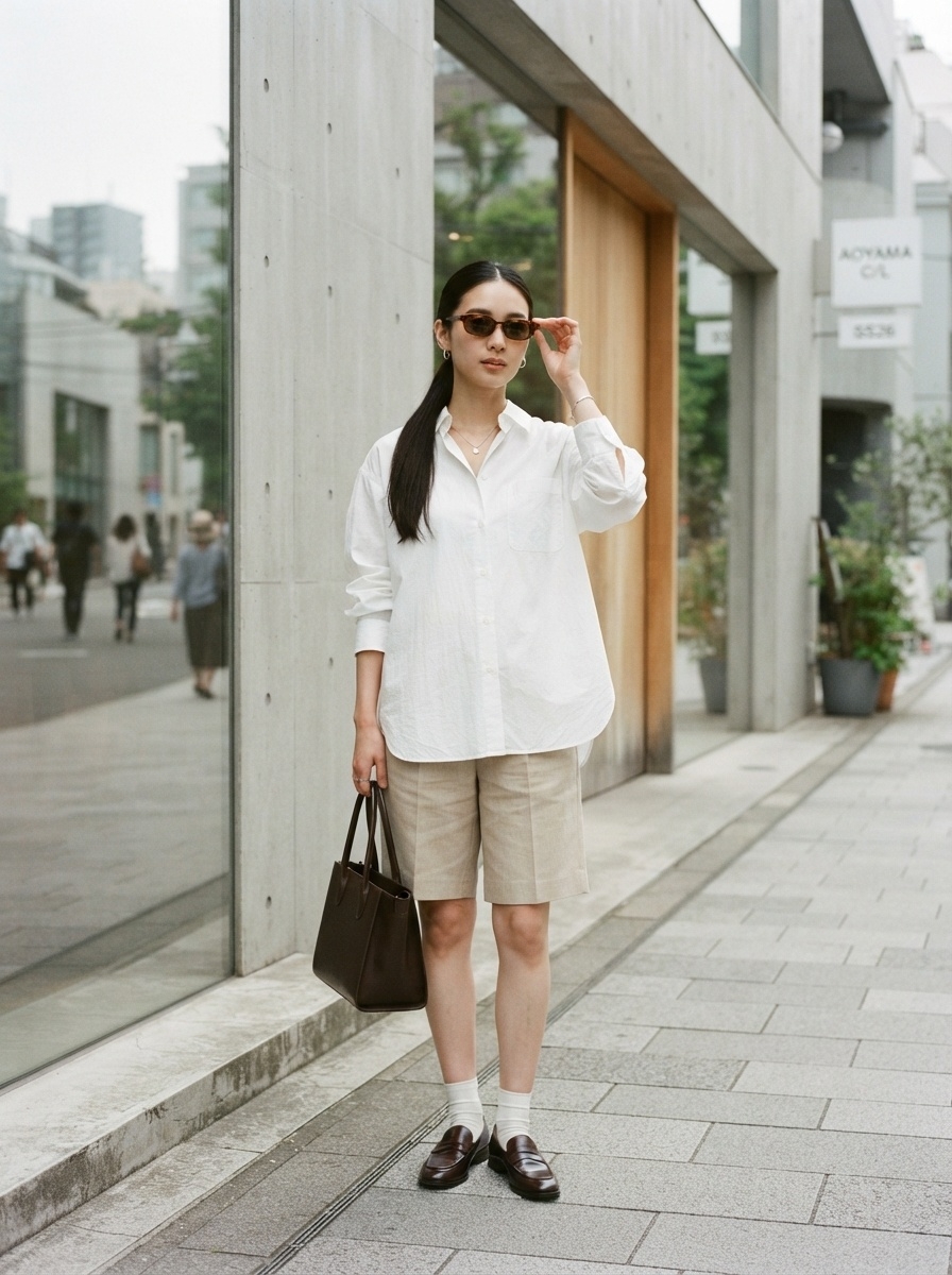 SKIPIKS AI fashion editorial — minimalist, classic — The combination of a white shirt and beige shorts creates a refreshing, urban vi
