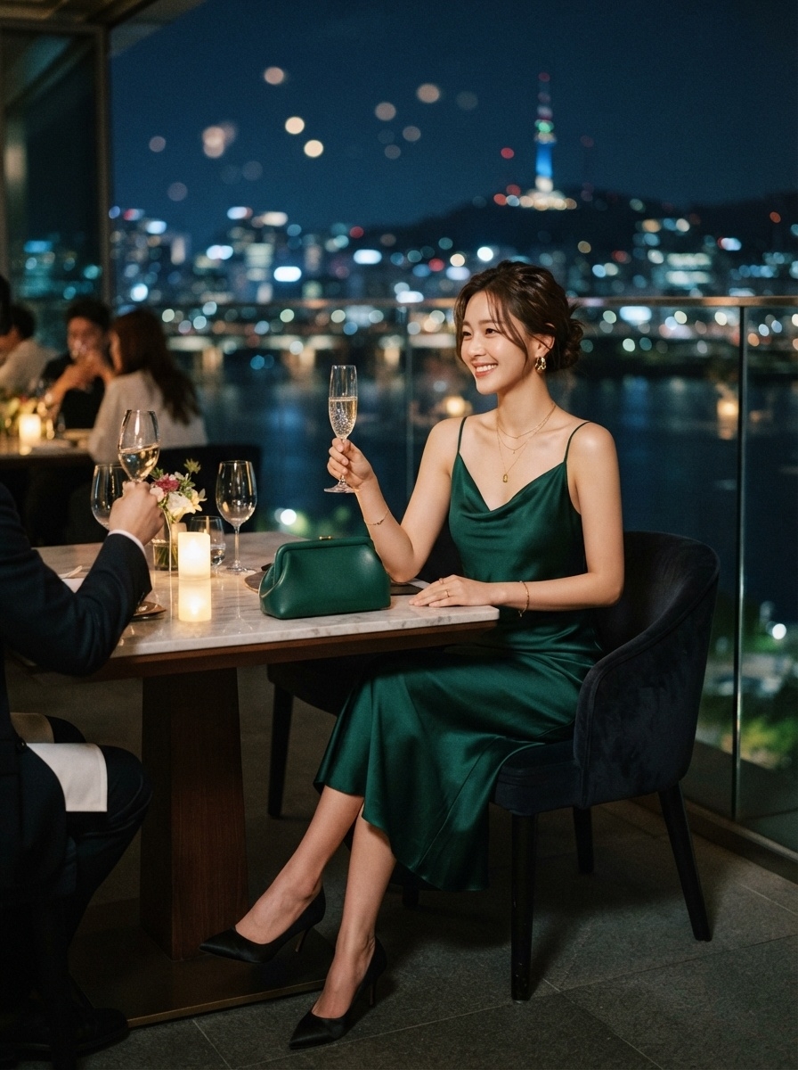 SKIPIKS AI时尚大片 — elegant, evening, feminine — 고급스러운 녹색 슬립 드레스가 우아한 실루엣을 연출해줘요. 금색 액세서리와 매치하여 화려함을 더해보세요. 저녁 파티나 특별한 디너 자리에서 빛나