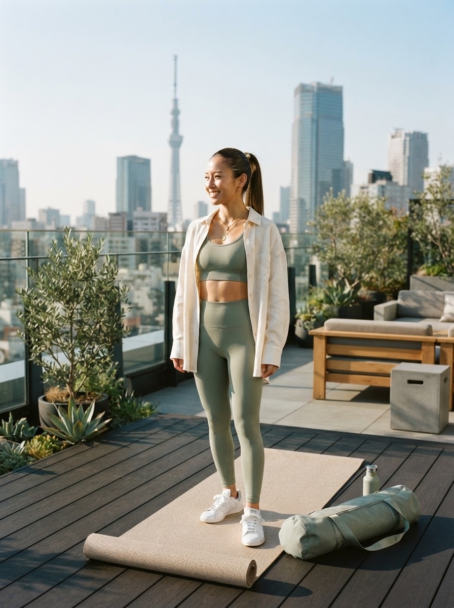 SKIPIKS AIファッション写真 — athleisure, casual — 涼しげな都市の景色とともに、カーキカラーのアスレジャールックがスタイリッシュさを加えます。スポーティなスポーツブラとレギンスにホワイトシャツを重ねることで、日常