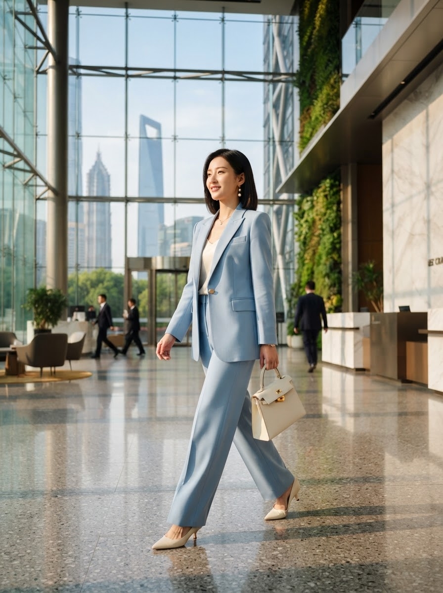 SKIPIKS AI 패션 화보 — professional, chic — 하늘색 블레이저와 슬랙스 조합이 세련되고 상큼한 오피스 룩을 완성해요. 크림색 힐과 핸드백으로 완벽한 컬러 밸런스를 주고, 실버 귀걸이로 포인트