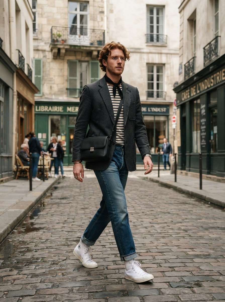 SKIPIKS AI时尚大片 — streetwear, smart_casual — 一种能够散发魅力的风格，条纹上衣与深灰色夹克的结合，营造出优雅而干净的氛围。搭配经典牛仔裤和白色运动鞋，展现休闲又时尚的感觉。这种充满法式情怀的造型，非常适合轻