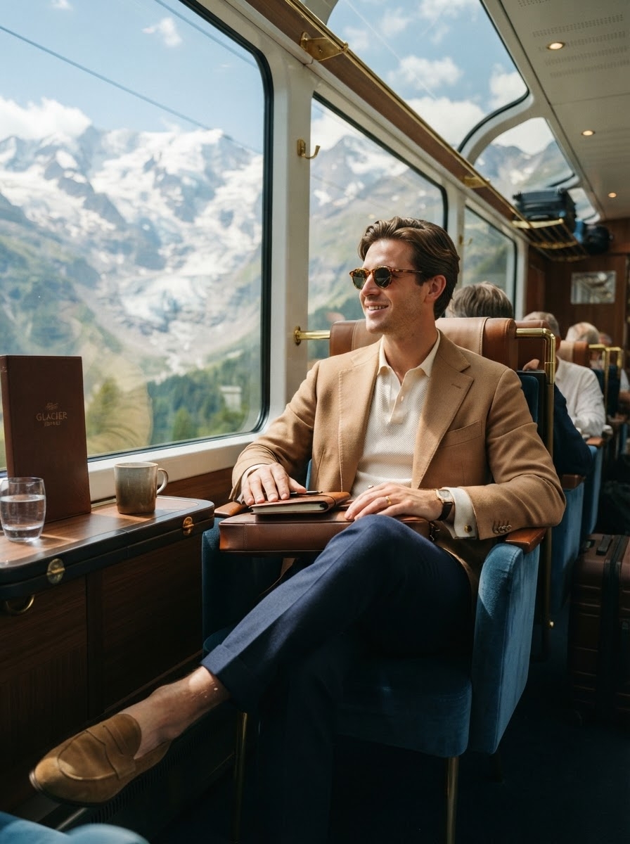 SKIPIKS AI fashion editorial — classic, sophisticated — The combination of a beige blazer and navy pants creates an elegant and sophisti