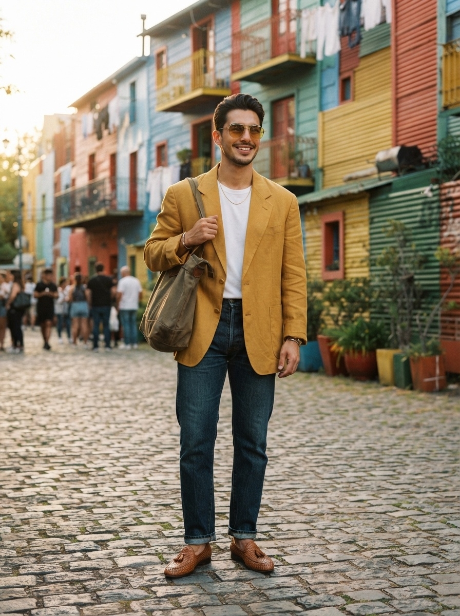 SKIPIKS AI 패션 화보 — casual, smart, vintage — 노란색 재킷과 청바지의 조화로 세련된 봄 패션을 완성했어요. 흰 티셔츠와 갈색 로퍼로 깔끔함을 더해보세요. 가벼운 외출이나 캐주얼한 비즈니스 모