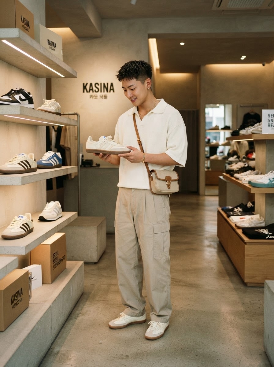 SKIPIKS AI 패션 화보 — casual, minimalist — 베이지 톤의 카고 팬츠와 크림색 반팔 셔츠로 차분하면서도 깔끔한 무드를 연출해보세요. 브라운 컬러의 크로스백을 더하면 실용적인 스타일링이 완성됩