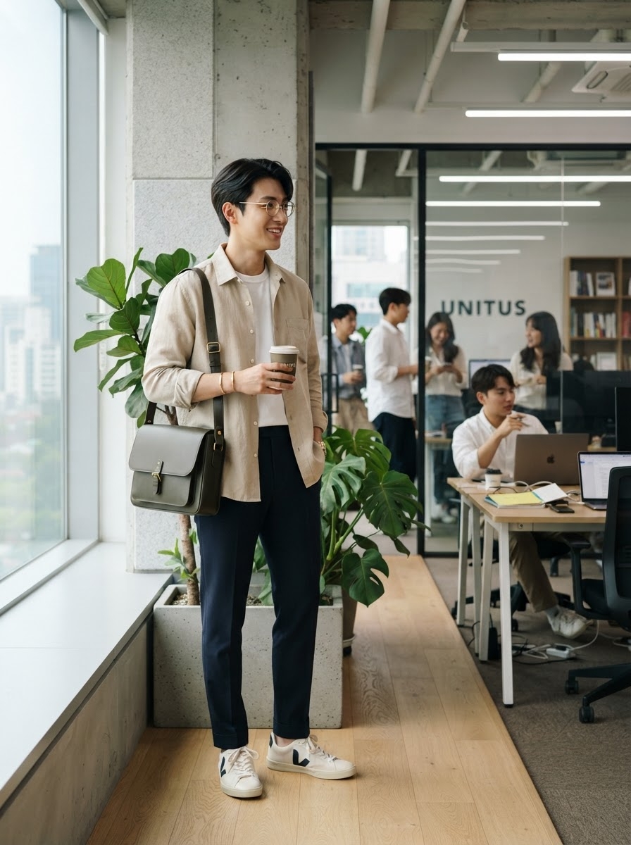 SKIPIKS AI 패션 화보 — smart_casual, minimalist — 베이지 셔츠와 네이비 슬랙스가 조화롭게 어우러져 깔끔하고 세련된 오피스룩을 연출합니다. 그레이 크로스백으로 실용성을 더하고, 화이트 스니커즈로 
