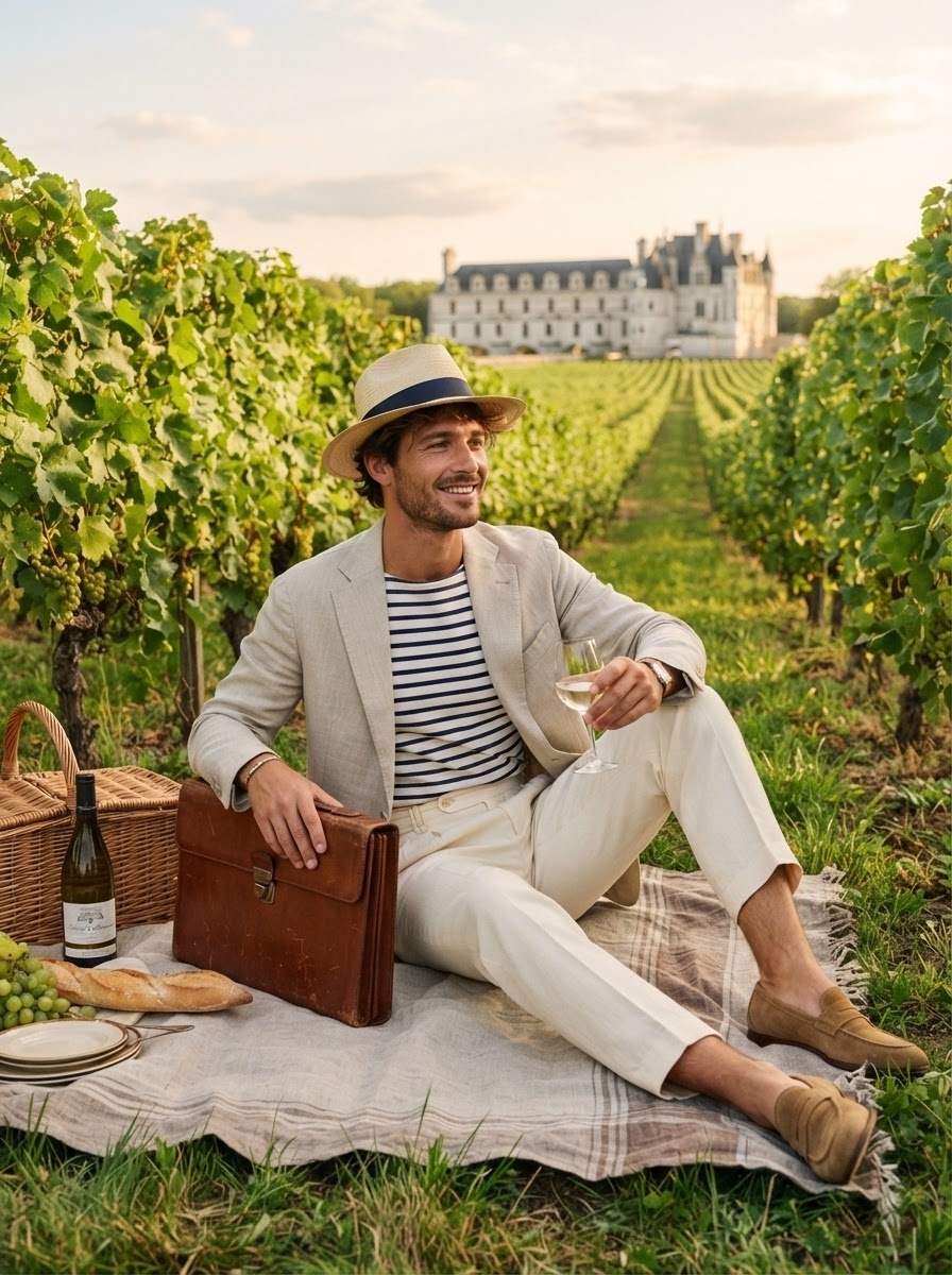 SKIPIKS AI fashion editorial — elegant, french, preppy — The striped shirt and beige blazer create an elegant yet sophisticated vibe. Pai