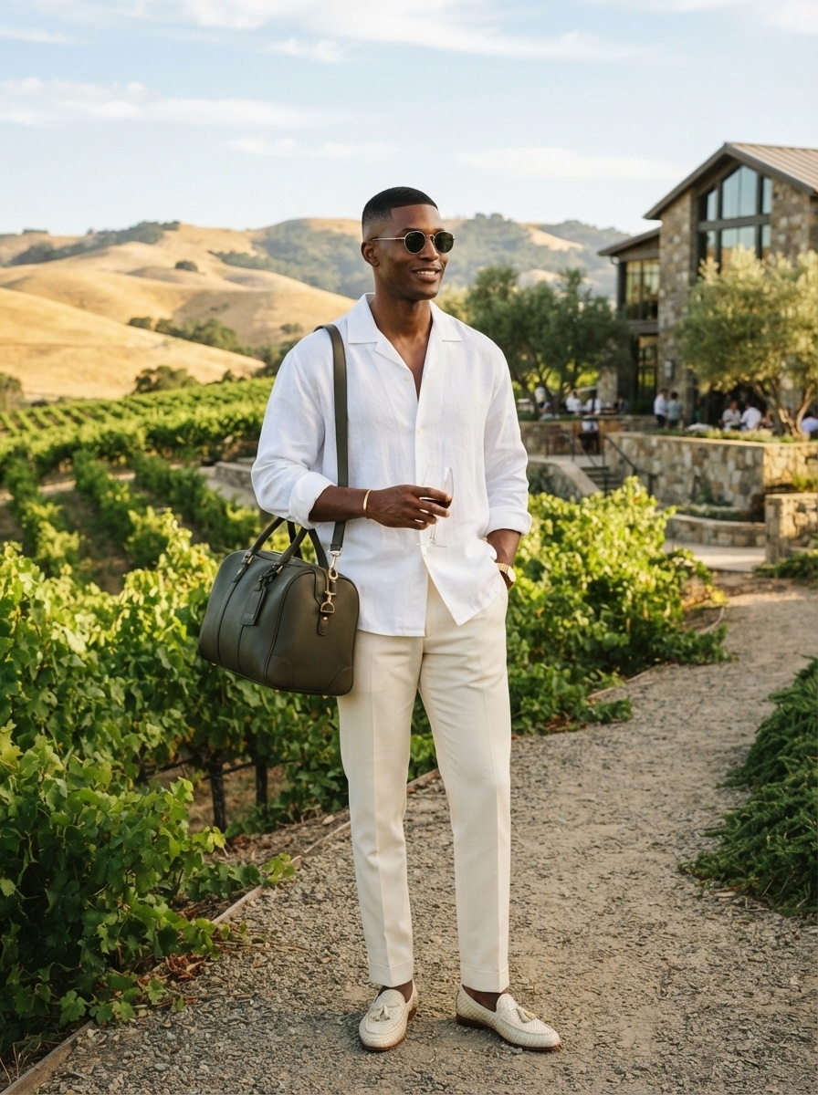 SKIPIKS AI fashion editorial — minimalist, dapper — A refreshing minimalist men's look is achieved with a linen shirt and cream slac