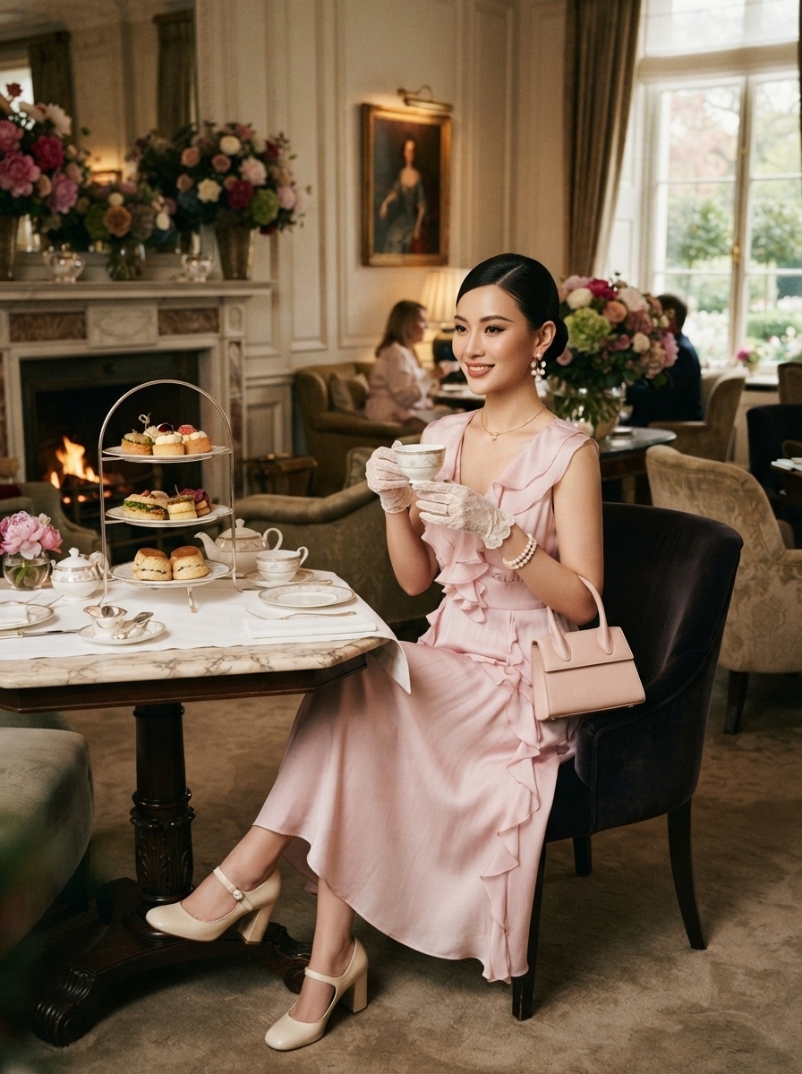 SKIPIKS AI fashion editorial — feminine, elegant — A soft pink dress creates an elegant and romantic mood. Add luxurious touches wi