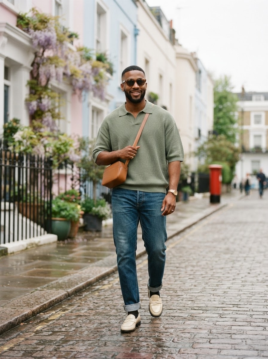 SKIPIKS AIファッション写真 — modern, casual — 快適なシルエットと柔らかな緑のニットが組み合わさったカジュアルなムードのスタイルです。基本的なジーンズとローファーできれいに合わせ、キャメル色のクロスバッグでポ