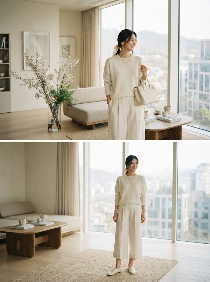 SKIPIKS AI fashion editorial — feminine, minimalist — Create a relaxed and elegant vibe with a soft beige knit sweater and wide pants.