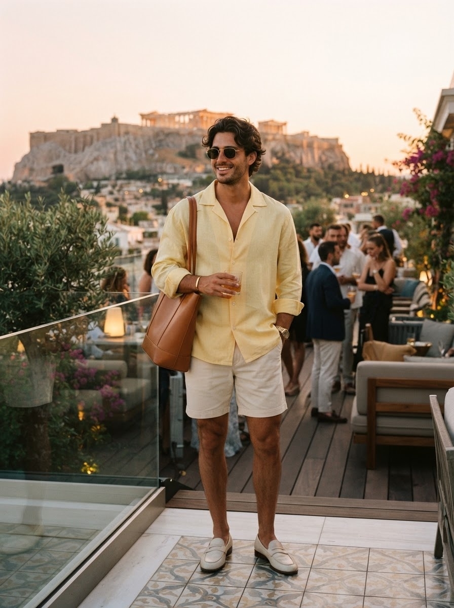 SKIPIKS AI fashion editorial — vacation, casual — The combination of a linen shirt and shorts evokes a fresh summer vibe. Complete