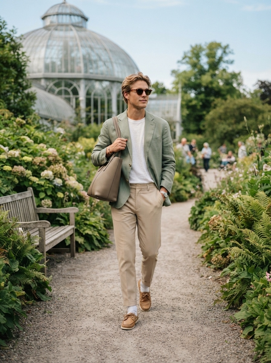 SKIPIKS AI fashion editorial — smart_casual, minimalist — The light green blazer and beige pants create a harmonious, sophisticated retro 