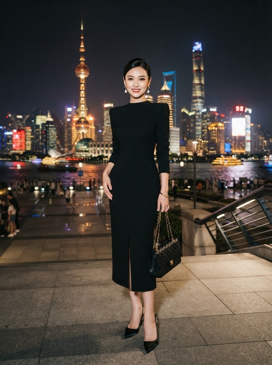 SKIPIKS AI fashion editorial — elegant, sophisticated — Show off a chic mood with an elegant black dress that boasts a flattering silhou