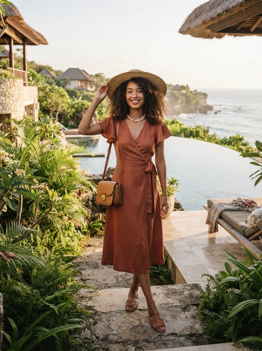 SKIPIKS AI fashion editorial — bohemian, natural — Create a natural vibe with a terracotta-colored wrap dress. Pair it with a raffi