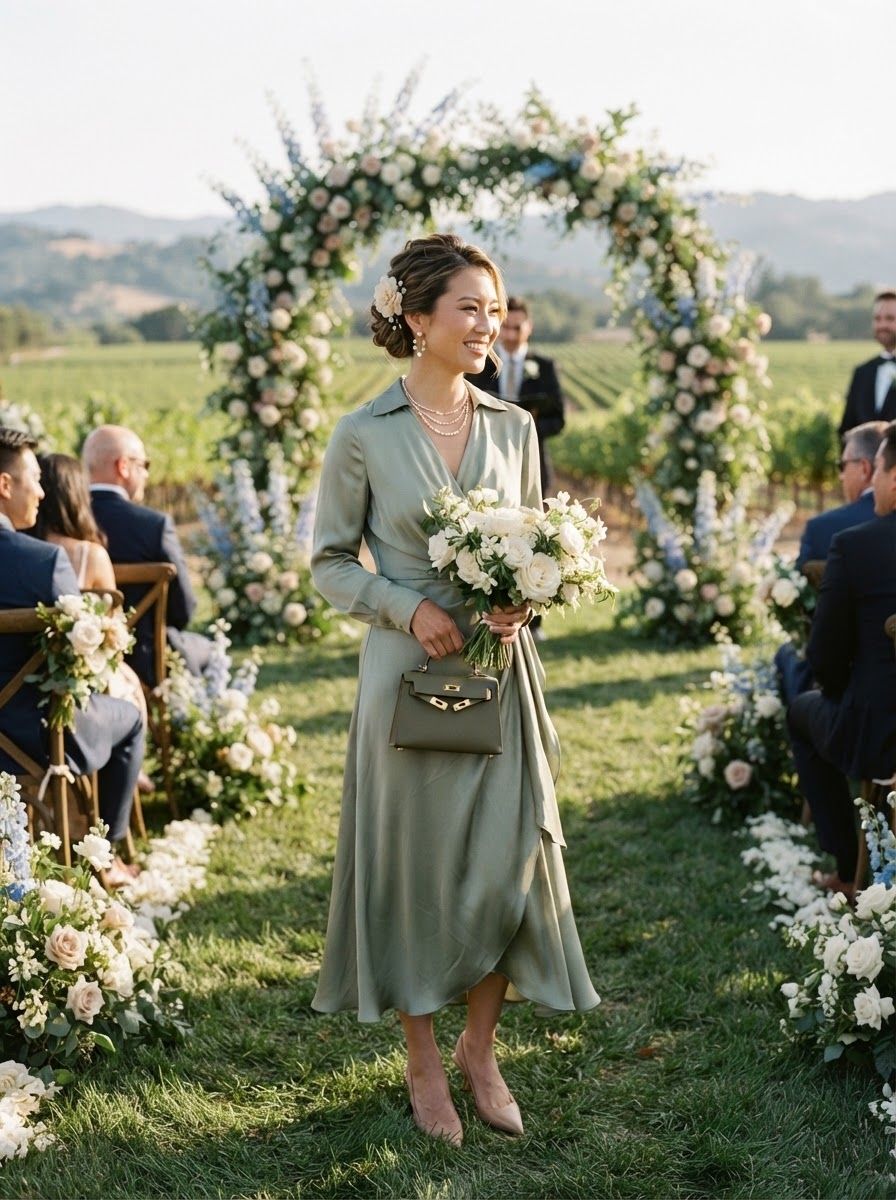 SKIPIKS AIファッション写真 — elegant, romantic — 淡い緑色のドレスが優雅な姿を演出します。真珠のネックレスと調和するヘアアクセサリーでクラシックな魅力を加えてみてください。結婚式や春のイベントにぴったりなロマン