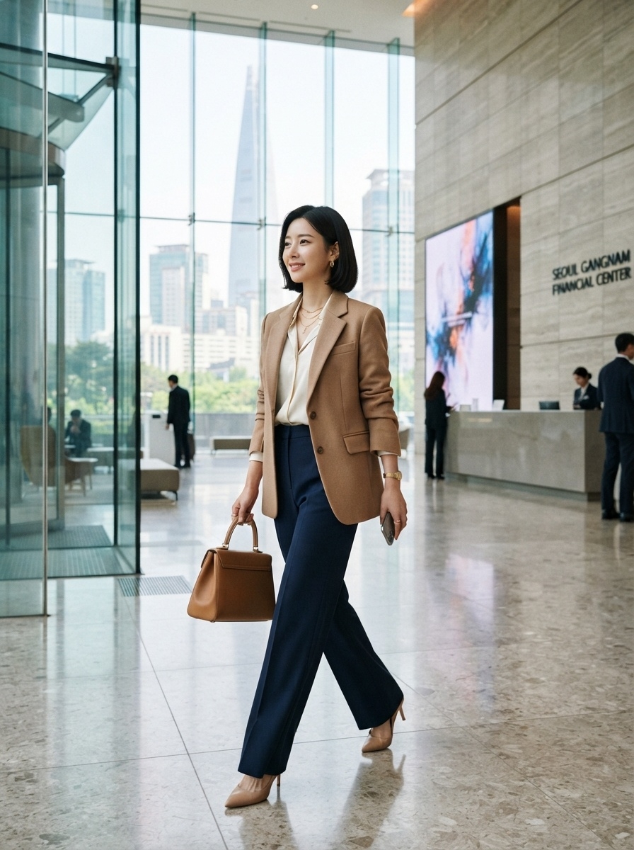 SKIPIKS AIファッション写真 — formal, chic, modern — ブラウンとネイビーのクラシックな組み合わせで洗練された雰囲気を演出してください。クリーム色のシャツとブレザーの組み合わせは高級感をプラスします。オフィスやビジネ