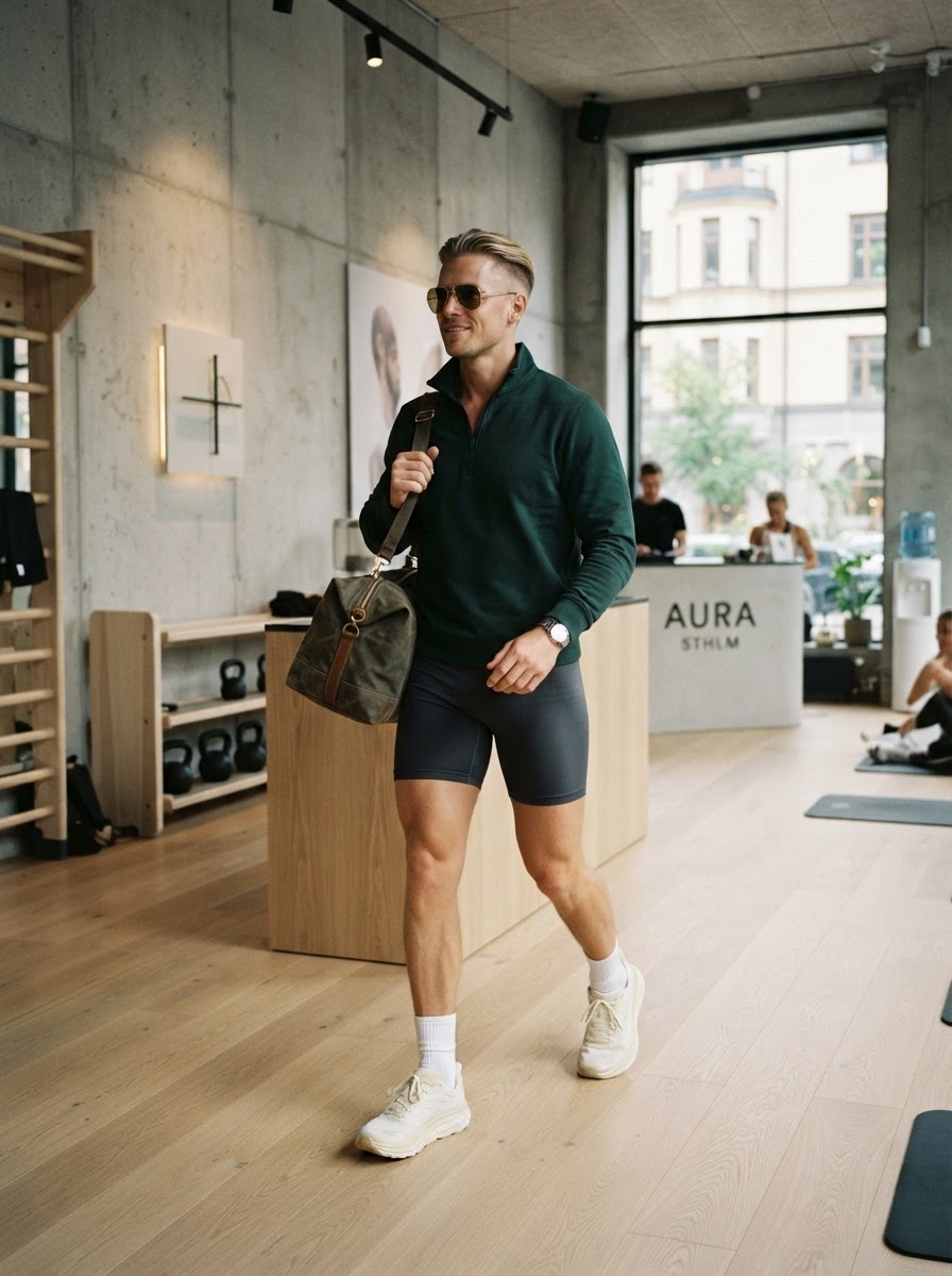 SKIPIKS AI 패션 화보 — athleisure, casual — 스포티하면서도 캐주얼한 무드가 돋보이는 스타일링입니다. 긴팔 티셔츠와 반바지의 조화가 활동성을 더해줍니다. 운동할 때나 평소에도 편안하게 착용하